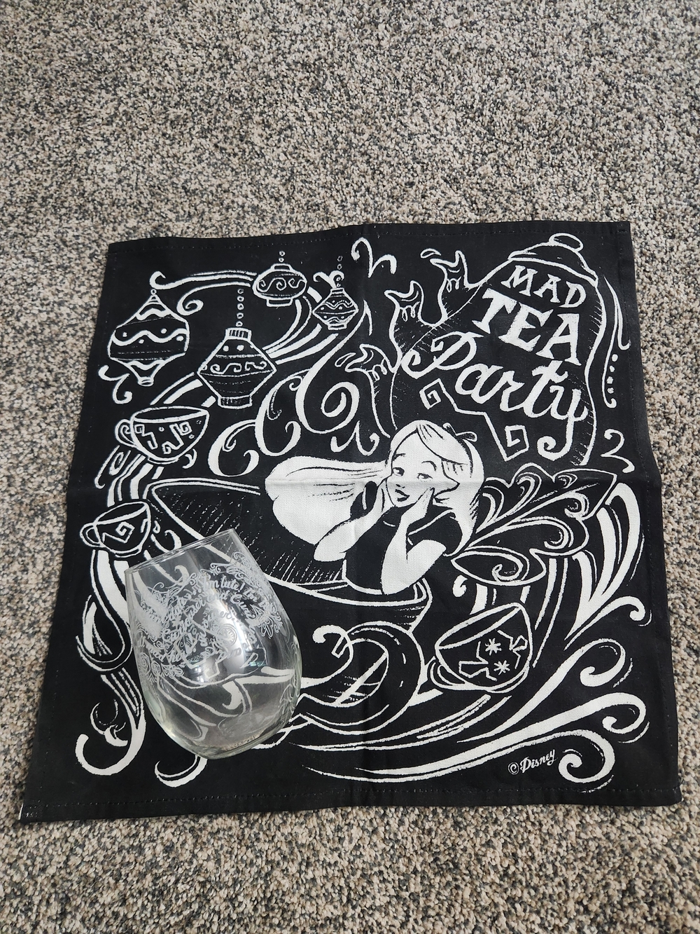 Disney Black and White 'Mad Tea Party' Tea Towel with Glass
